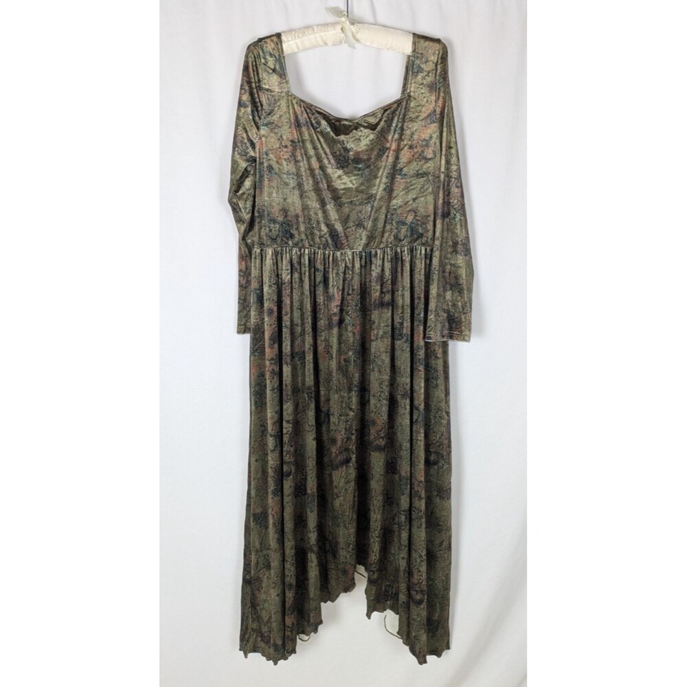 Cider 12 14 Green Velvet Square Neck Floral Drawstring Midi Dress Long Sleeve - Picture 7 of 10